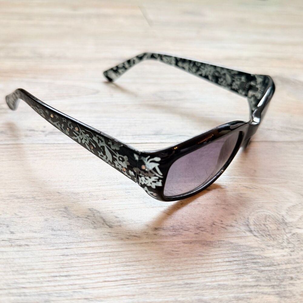 Y2K Foster Grant Black Floral Rhinestone Sunglasses Gray Rectangle Wrap Frame